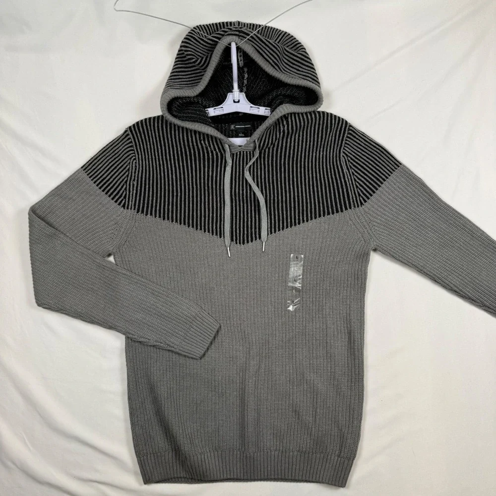 INC International Concepts Mens Heather Grey Striped Hooded Sweater L